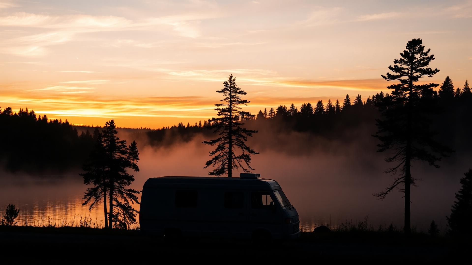 Campervan by a misty Swedish forest lake at dusk